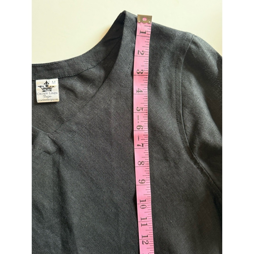 Crown Linen Designs Linen Top Bell Sleeve Black Tunic V Neck Beach Lagenlook M - Picture 11 of 15